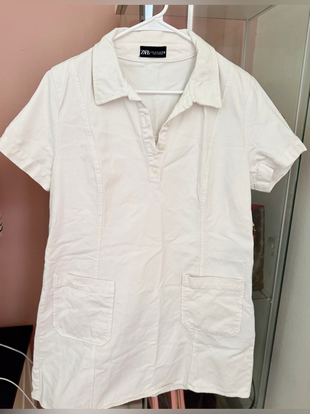 ZARA Cream Short-Sleeve Polo Tunic with Patch Pockets